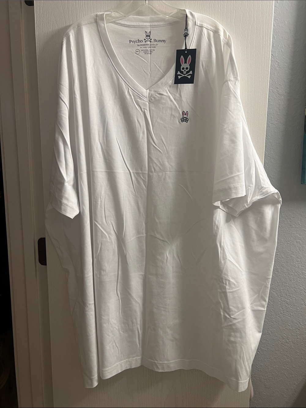 Psycho Bunny White V-Neck Tee with Pink-Eared Logo